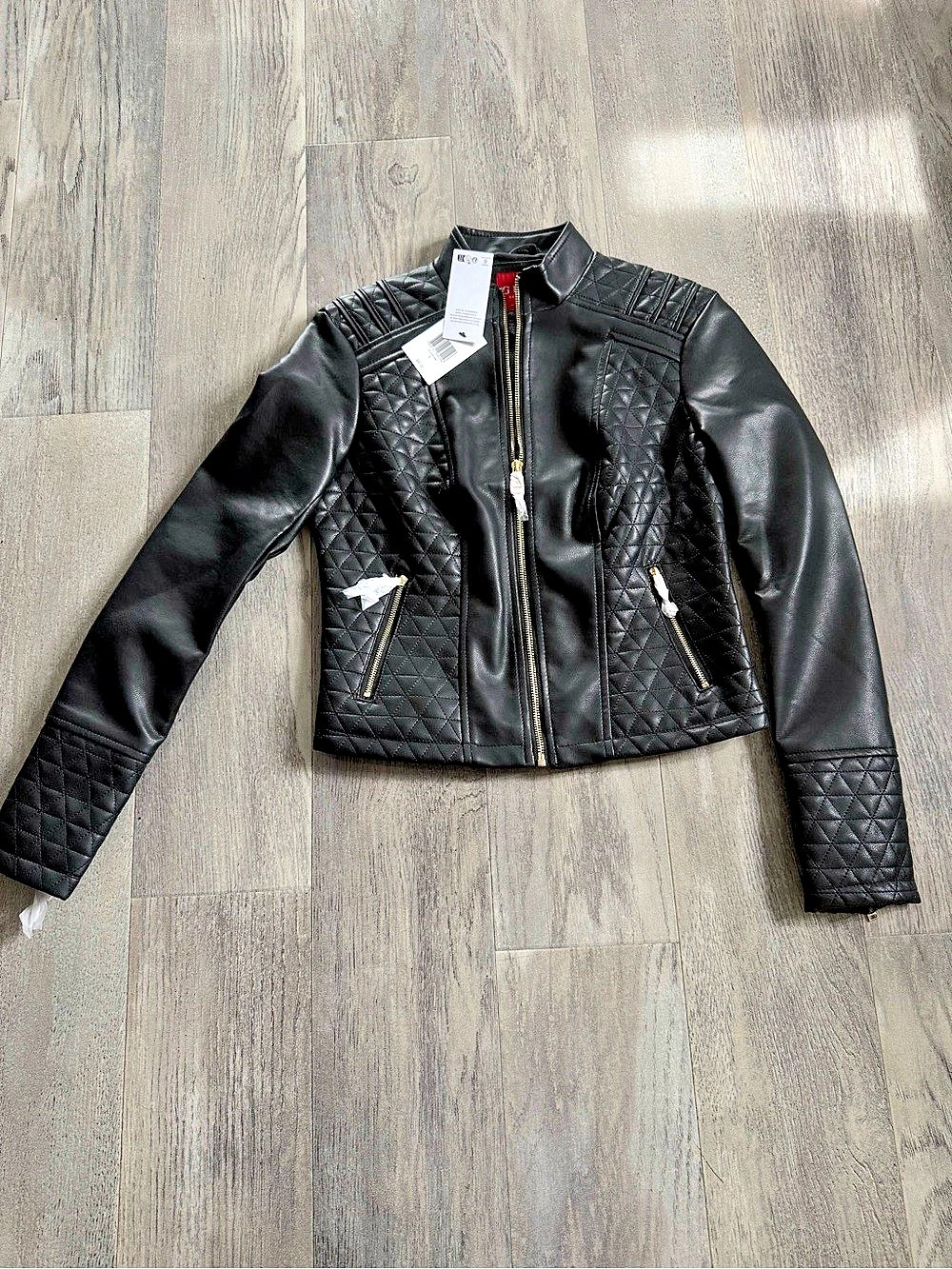 GUESS Los Angeles Quilted Faux-Leather Moto Jacket Black Small